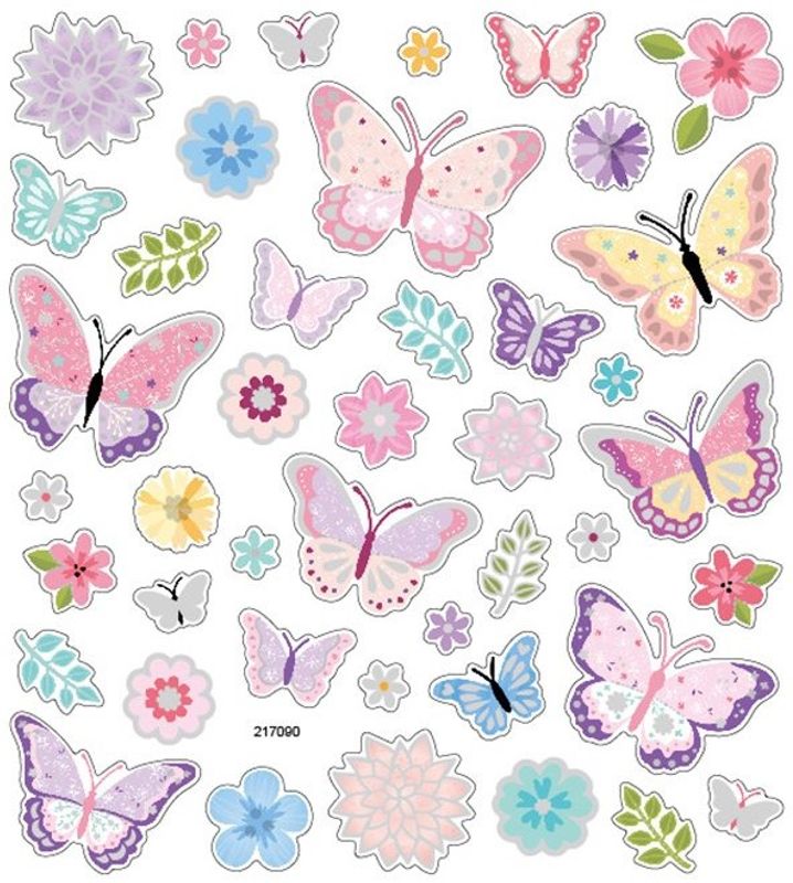 Klistremerker - 0491 - Sommerfugler og blomster m/sølv foil
