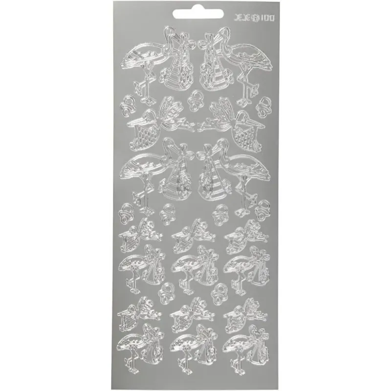 Creotime - Outline stickers - 170014 - Stork Med Baby - Sølv