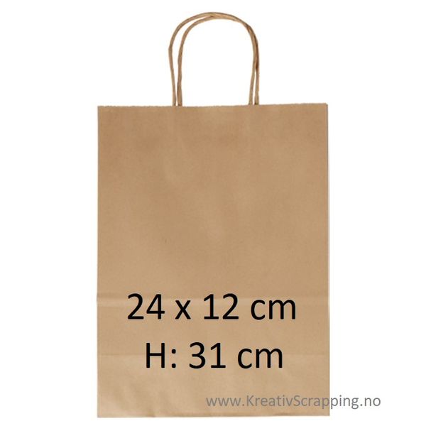 Papirpose med hank - 24 x 12 cm - H: 31 cm - Kraft / Naturfarget - 1 stk